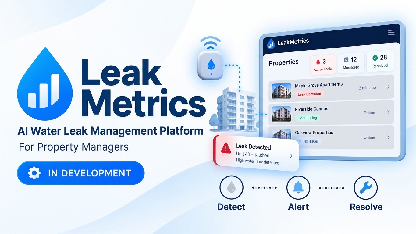 LeakMetrics AI Water Leak Management Platform for property managers, in development: Detect, Alert, Resolve
